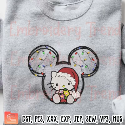 Mickey Head Hello Kitty Cute Embroidery Design, Kitty Santa Christmas Embroidery Digitizing File
