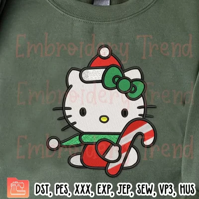 Hello Kitty Holding Candy Cane Embroidery Design, Hello Kitty Christmas Embroidery Digitizing Pes File