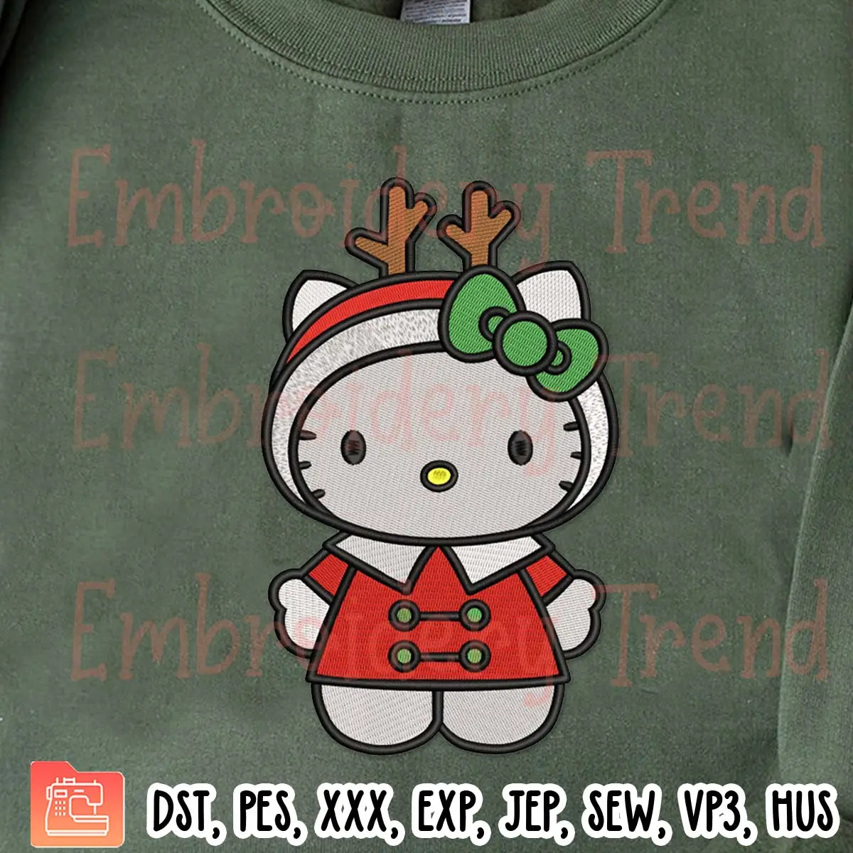 Hello Kitty Reindeer Christmas Embroidery Design, Kitty Christmas Embroidery Digitizing Pes File