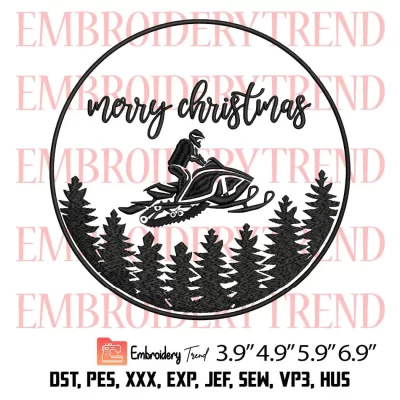 Merry Christmas Snowmobile Embroidery Design, Snowmobile Rider Embroidery Digitizing Pes File