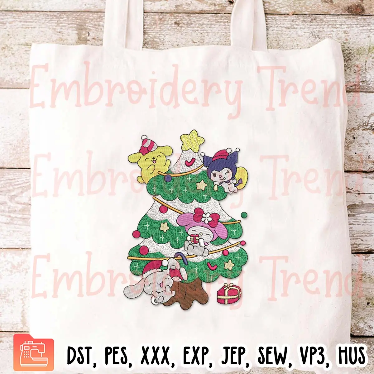 Merry Xmas Tree Sanrio Friends Embroidery Design, Christmas Cartoon Embroidery Digitizing Pes File