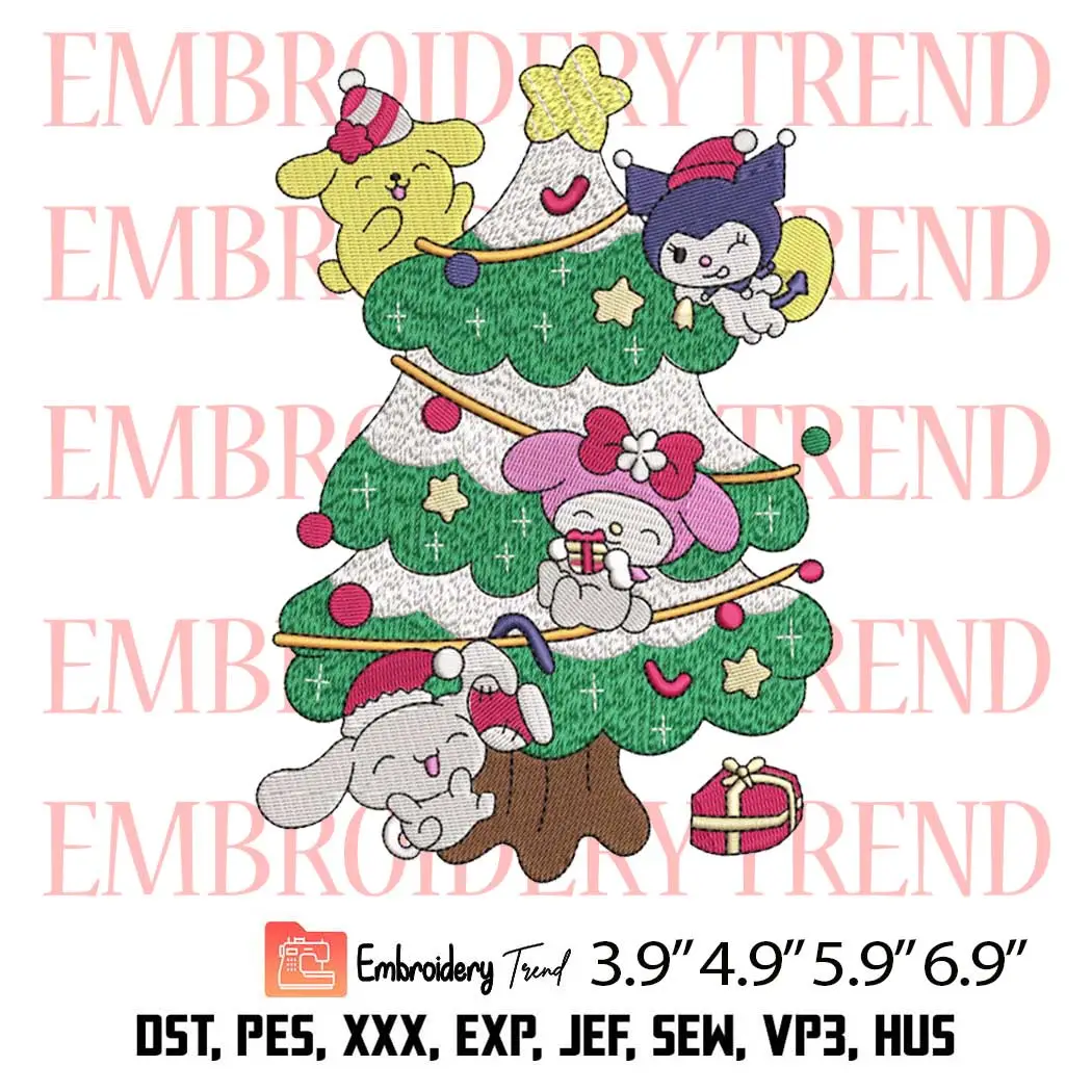 Merry Xmas Tree Sanrio Friends Embroidery Design, Christmas Cartoon Embroidery Digitizing Pes File