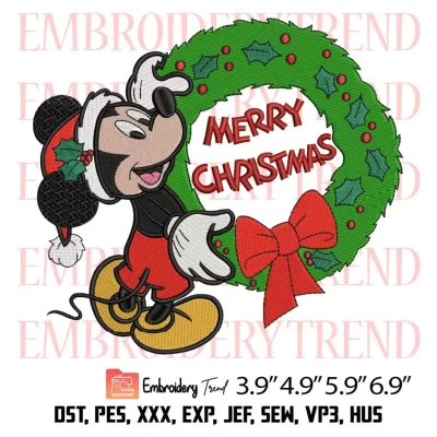 Mickey Merry Christmas Laurel Wreath Embroidery Design, Disney Christmas Embroidery Digitizing File