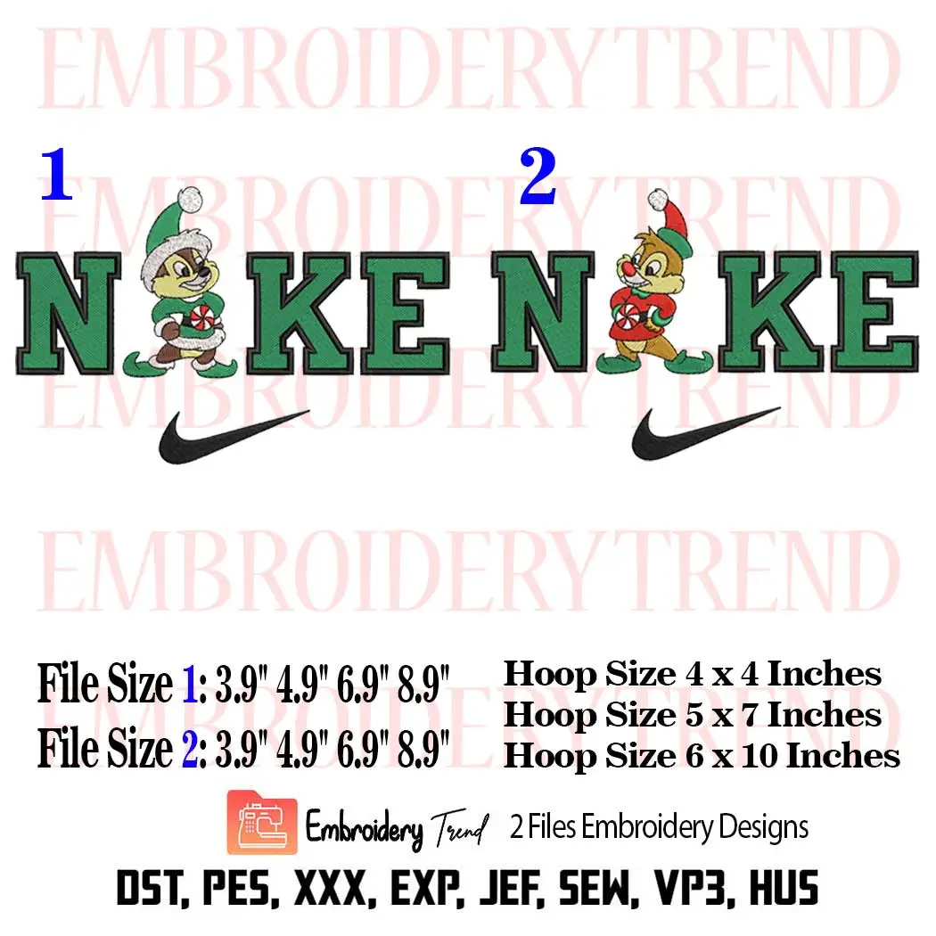 Chip and Dale Couple Christmas Embroidery Design, Bundle Christmas x Nike Embroidery Digitizing Pes File