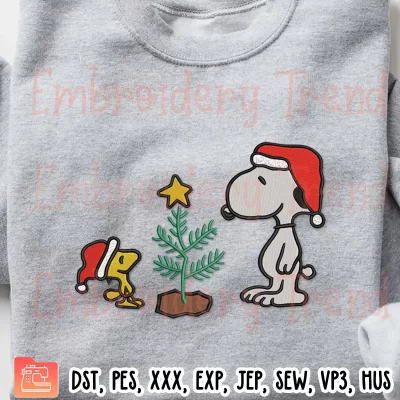 Snoopy and Woodstock Peanuts Christmas Embroidery Design, Cartoon Christmas Embroidery Digitizing File