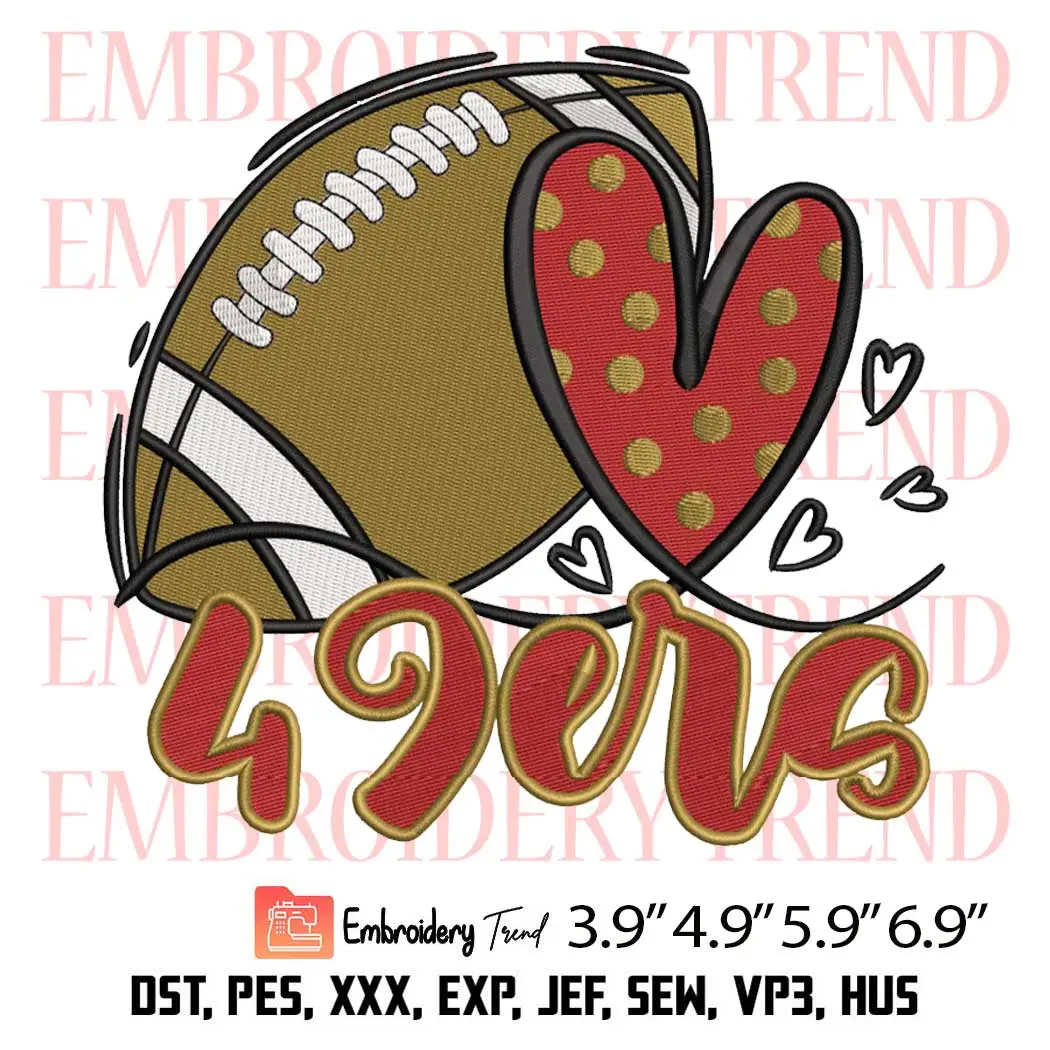 49ers Football Heart Embroidery Design, San Francisco 49ers Embroidery Digitizing Pes File
