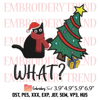 Black Cat Pushing Christmas Tree Embroidery Design, Funny Black Cat Gift Embroidery Digitizing Pes File