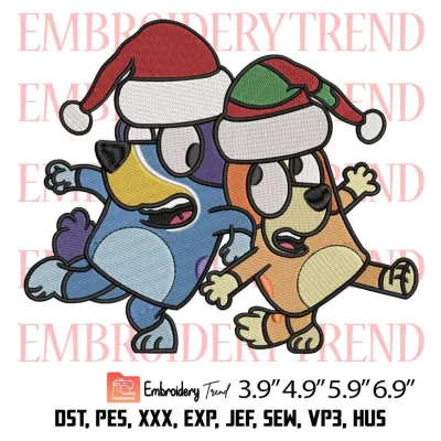Bluey And Bingo Santa Hat Embroidery Design, Christmas Cartoon Funny Embroidery Digitizing Pes File