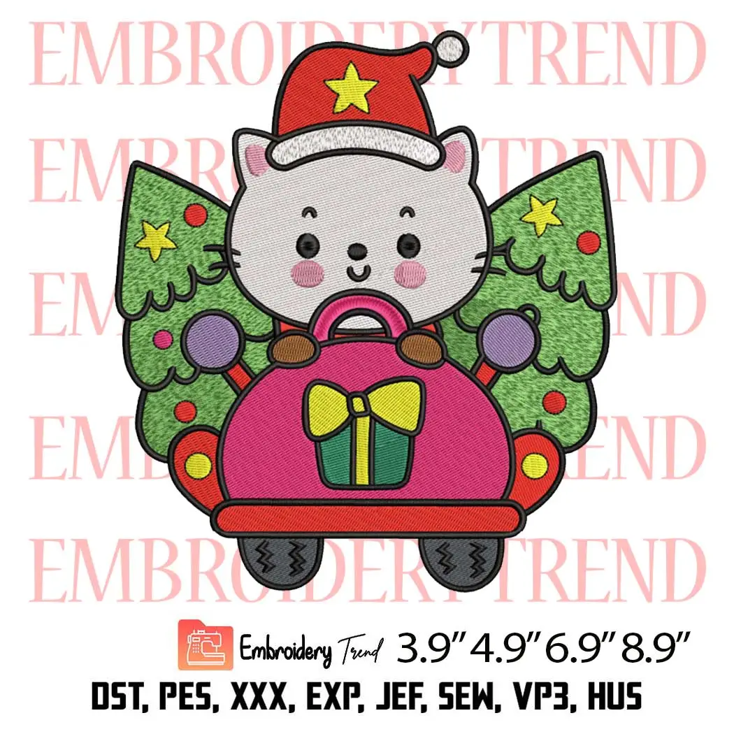 Cat Drives Car with Christmas Tree Embroidery Design, Cute Cat Christmas Embroidery Digitizing Pes File