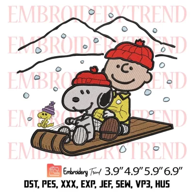 Snoopy And Charlie Brown Sledding Embroidery Design, Peanuts Christmas Embroidery Digitizing Pes File