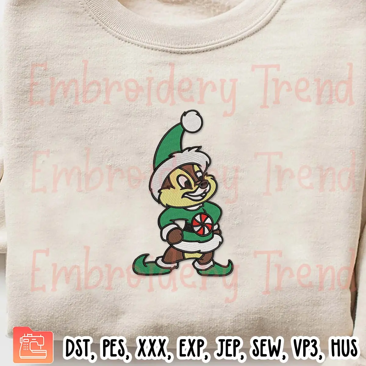 Chip Christmas Elf Embroidery Design, Disney Chip And Dale Embroidery Digitizing Pes File