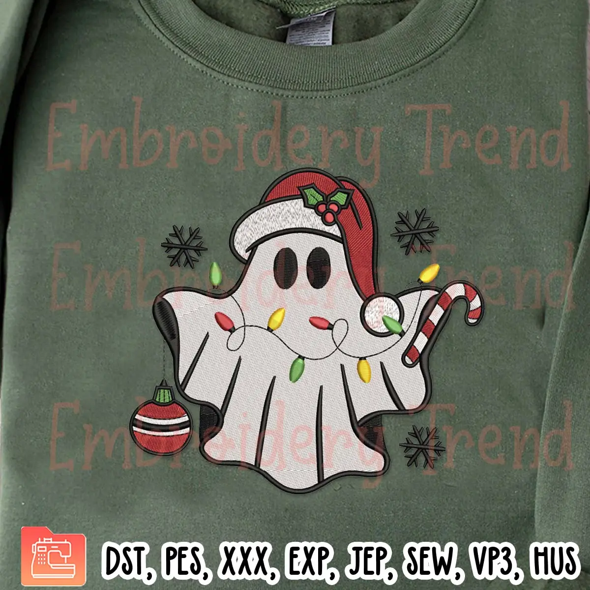 Christmas Ghost With Lights Embroidery Design, Christmas Spooky Candy Embroidery Digitizing Pes File