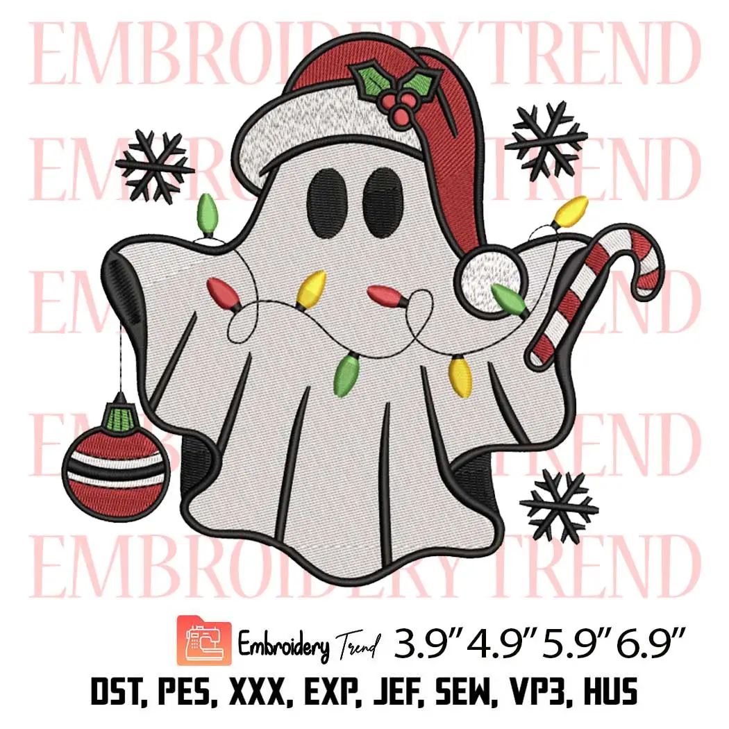 Christmas Ghost With Lights Embroidery Design, Christmas Spooky Candy Embroidery Digitizing Pes File