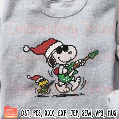 Christmas Guitar Snoopy And Woodstock Embroidery Design, Tis The Season To Rock Christmas Embroidery Digitizing Pes File