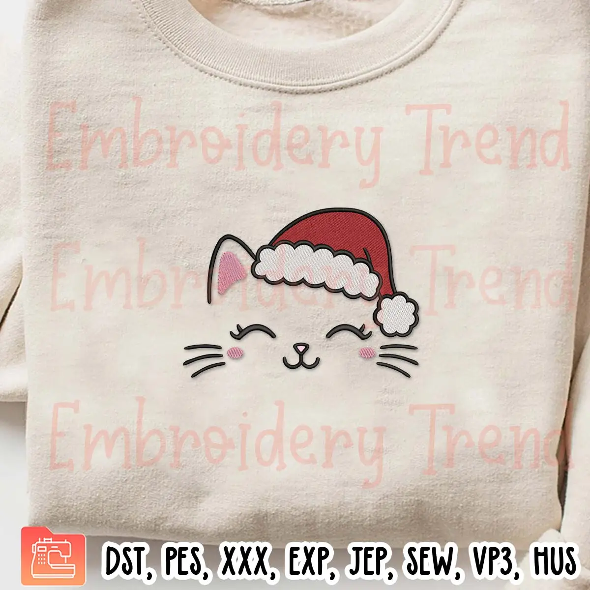 Cute Cat Face with Santa Hat Embroidery Design, Christmas Cat Embroidery Digitizing Pes File