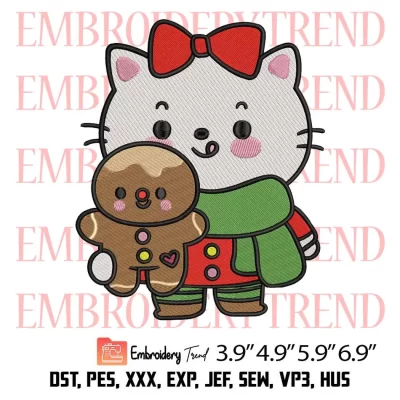 Cat with Gingerbread Christmas Embroidery Design, Cute Cat Christmas Embroidery Digitizing Pes File