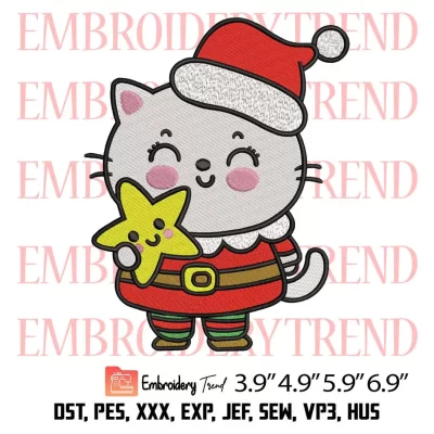 Cat with Star Christmas Embroidery Design, Cute Cat Christmas Embroidery Digitizing Pes File
