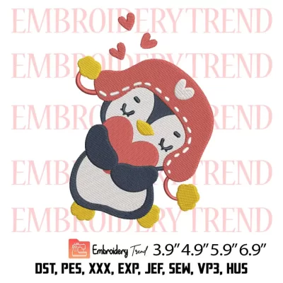Penguin hug Heart Embroidery Design, Cute Penguin Cartoon Embroidery Digitizing Pes File
