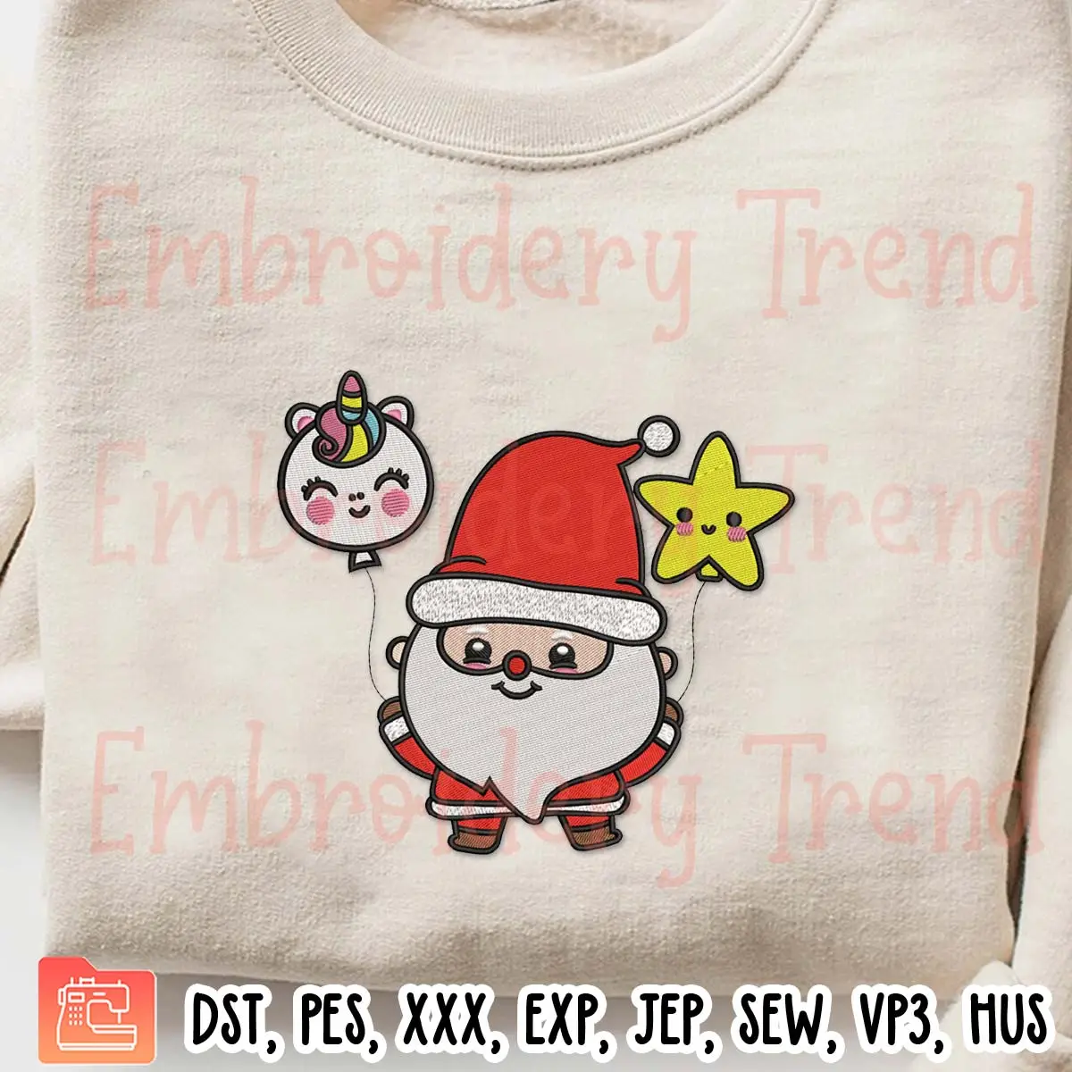 Cute Santa with Unicorn and Star Embroidery Design, Merry Christmas Embroidery Digitizing Pes File