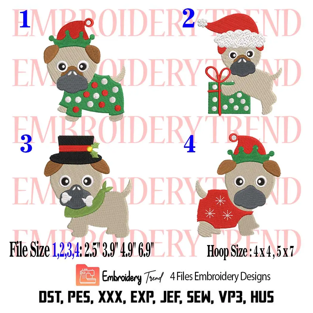 Bundle Dog Christmas Embroidery Design, 4 Designs Cute Dog Embroidery Digitizing Pes File