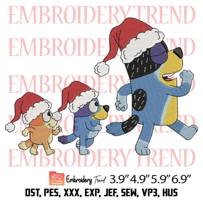 Family Bluey Walking Christmas Embroidery Design, Merry Christmas Embroidery Digitizing Pes File