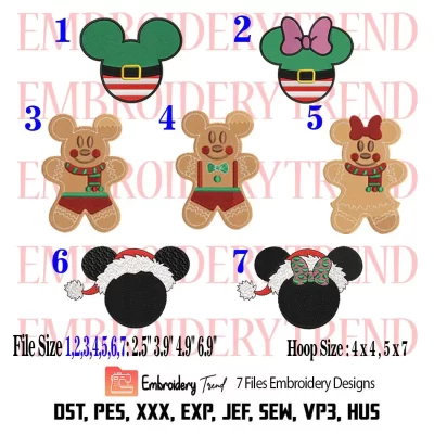 Bundle Gingerbread Mickey Christmas Embroidery Design, 7 Designs Cute Gingerbread Mickey Embroidery Digitizing Pes File