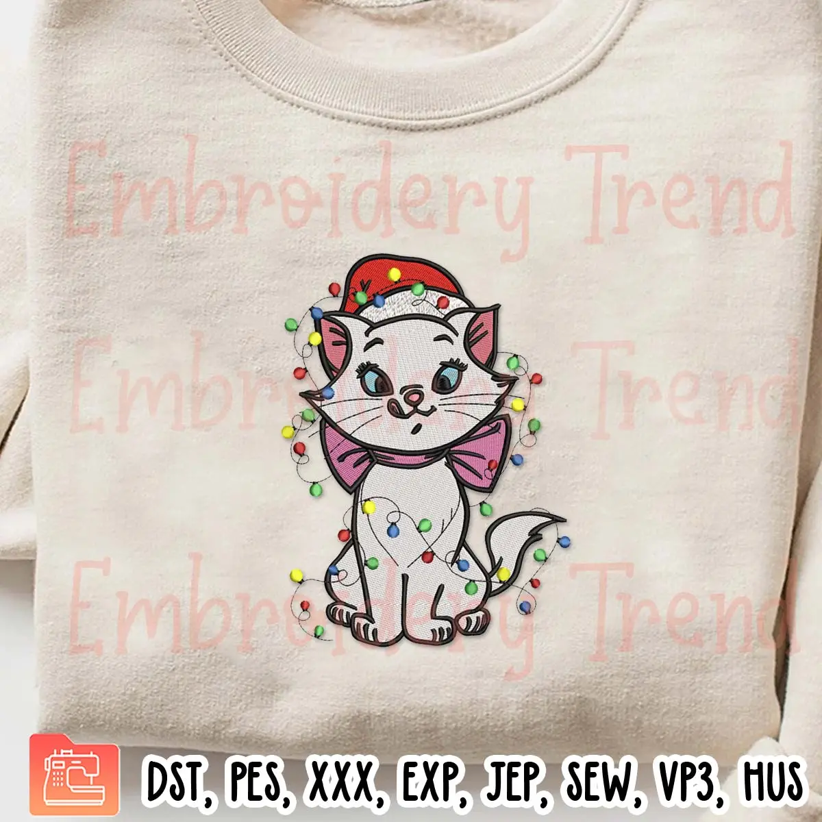 Santa Marie Cat Christmas Lights Embroidery Design, Aristocats Marie Embroidery Digitizing Pes File