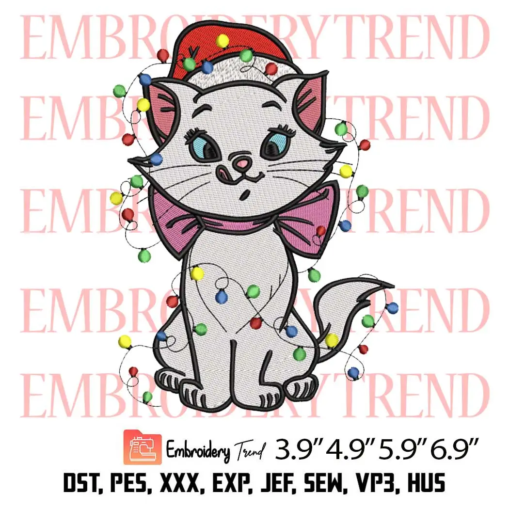 Santa Marie Cat Christmas Lights Embroidery Design, Aristocats Marie Embroidery Digitizing Pes File