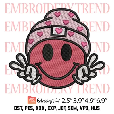 Smiley Face with Heart Hat Embroidery Design, Valentines Day Embroidery Digitizing Pes File