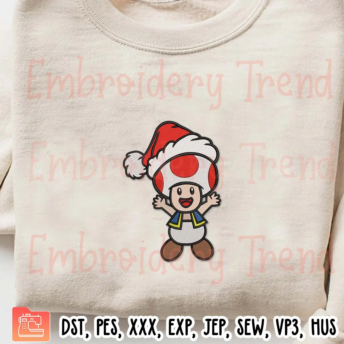 Toad Mario Embroidery Design, Cute Toad Christmas Embroidery Digitizing Pes File