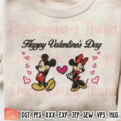 Valentine Mickey And Minnie Love Embroidery Design, Happy Valentines Day Embroidery Digitizing Pes File
