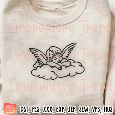 Angel Sleeping On Cloud Embroidery Design, Baby Angel Cupid Embroidery Digitizing Pes File