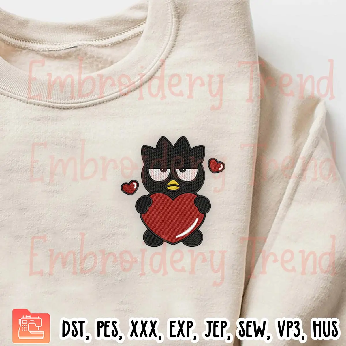 Badtz Maru with Heart Embroidery Design, Valentine Sanrio Embroidery Digitizing Pes File