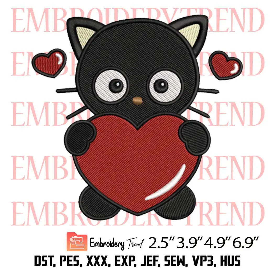 Chococat with Heart Embroidery Design, Valentine Sanrio Embroidery Digitizing Pes File