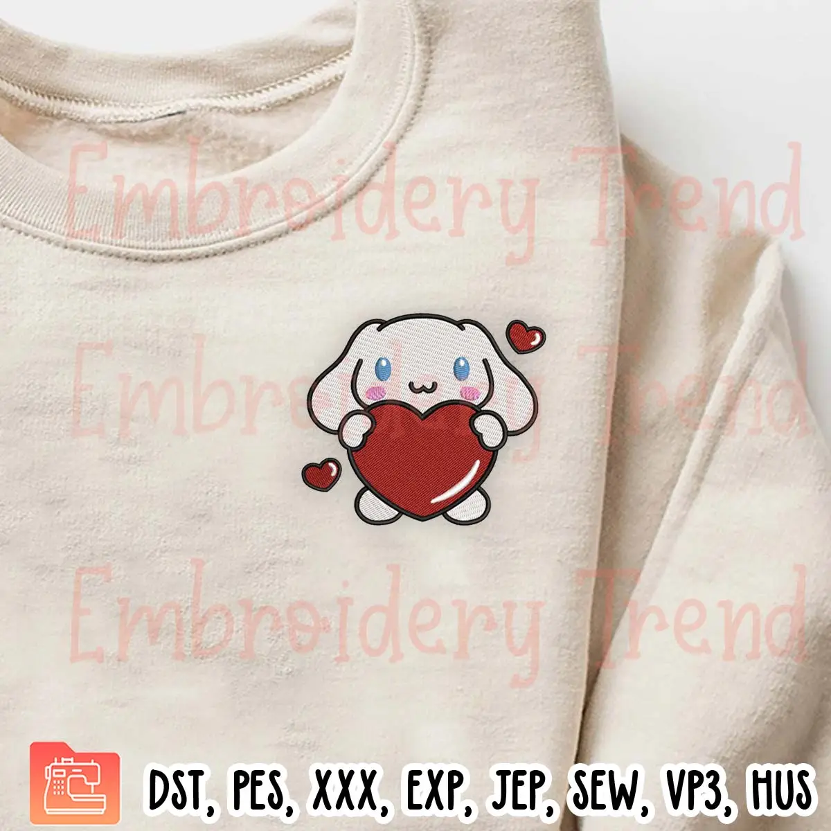 Cinnamoroll with Heart Embroidery Design, Valentine Sanrio Embroidery Digitizing Pes File