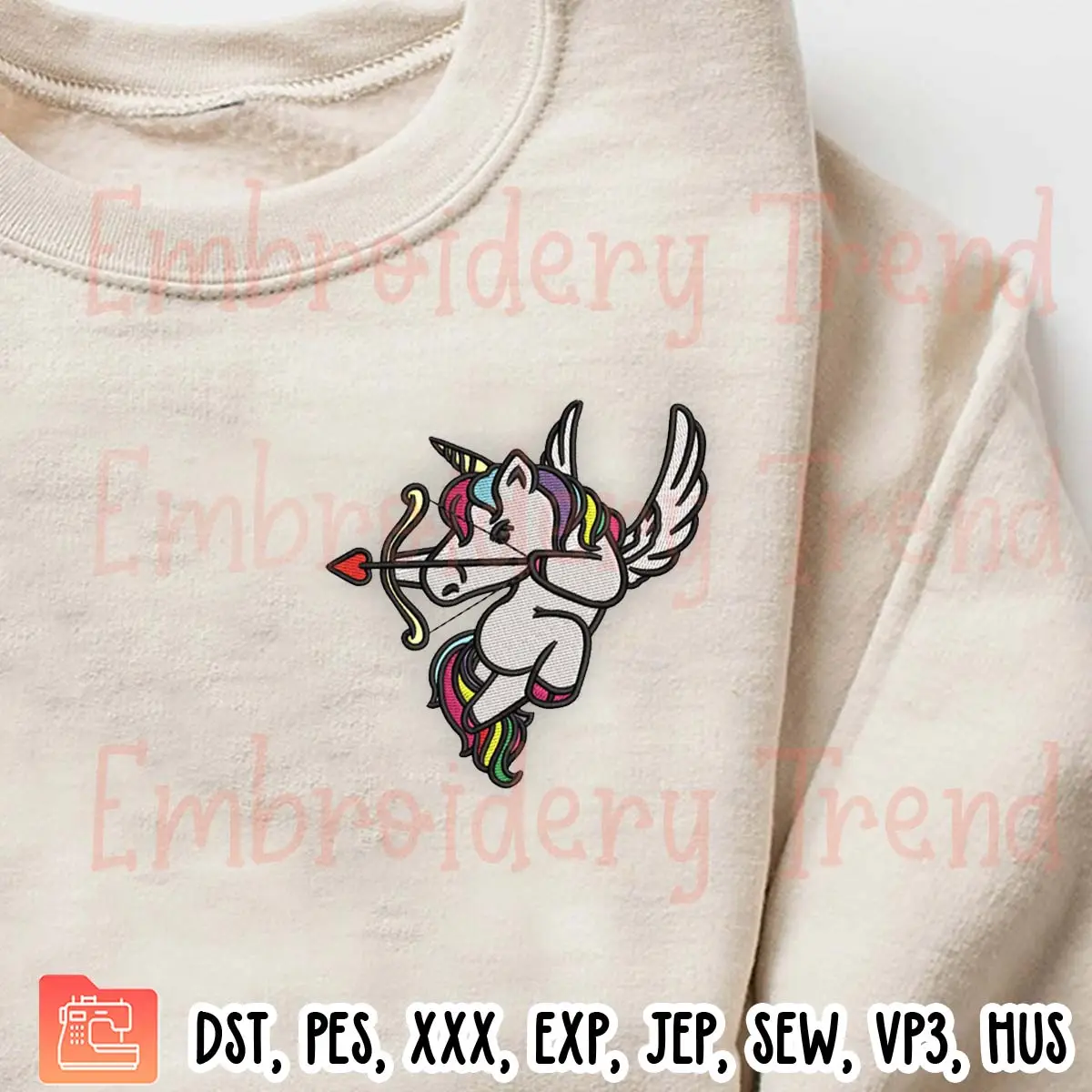 Cupid Unicorn Embroidery Design, Unicorn Valentines Day Embroidery Digitizing Pes File