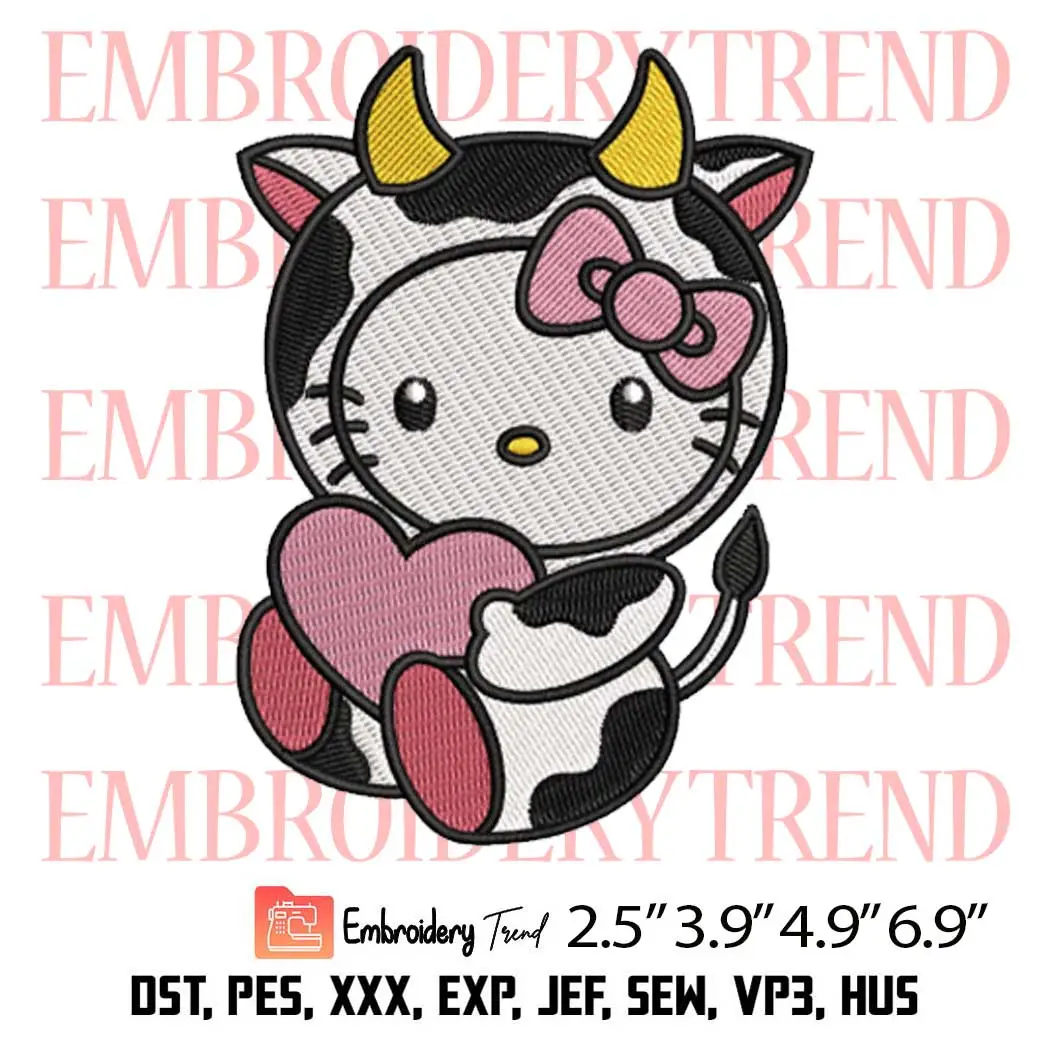 Cute Cow Hello Kitty with Heart Embroidery Design, Cartoon Valentine Embroidery Digitizing Pes File