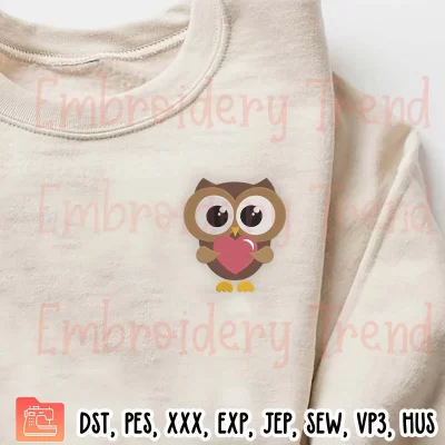 Cute Owl With Heart Embroidery Design, Valentines Day Embroidery Digitizing Pes File