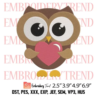 Cute Owl With Heart Embroidery Design, Valentines Day Embroidery Digitizing Pes File