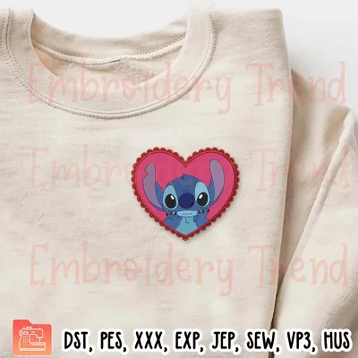 Cute Stitch In Heart Embroidery Design, Disney Stitch Valentines Day Embroidery Digitizing Pes File