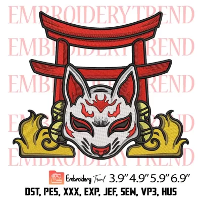 Fox Mask Torii And Bell Embroidery Design, Japanese Kitsune MasK Embroidery Digitizing Pes File