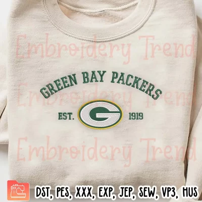 Green Bay Packers Est 1919 Embroidery Design, NFL American Football Embroidery Digitizing Pes File