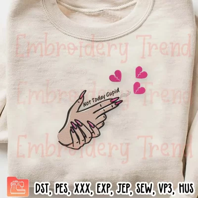 Gun Finger Hand Not Today Cupid Embroidery Design, Anti Valentine Embroidery Digitizing Pes File