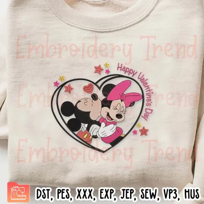 Happy Valentine Day Mickey And Minnie Embroidery Design, Mickey and Minnie Kiss Embroidery Digitizing Pes File