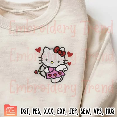 Hello Kitty Cupid Embroidery Design, Cute Hello Kitty Valentine Embroidery Digitizing Pes File