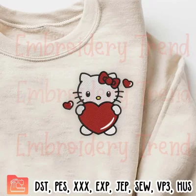 Hello Kitty with Heart Embroidery Design, Valentine Sanrio Embroidery Digitizing Pes File