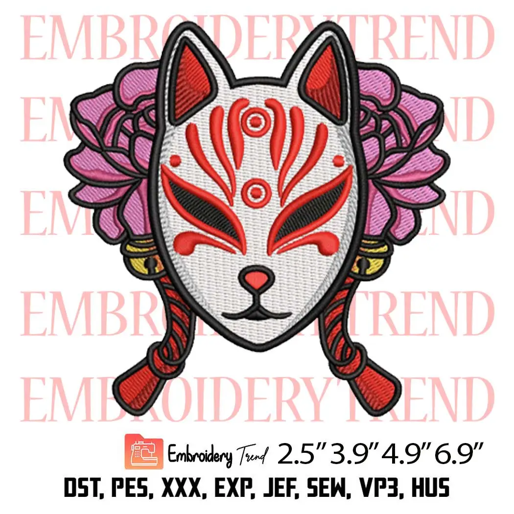 Japanese Kitsune MasK Embroidery Design, Fox Mask Embroidery Digitizing Pes File