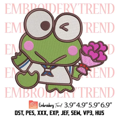 Keroppi Holding Flowers Embroidery Design, Sanrio Keroppi Embroidery Digitizing Pes File
