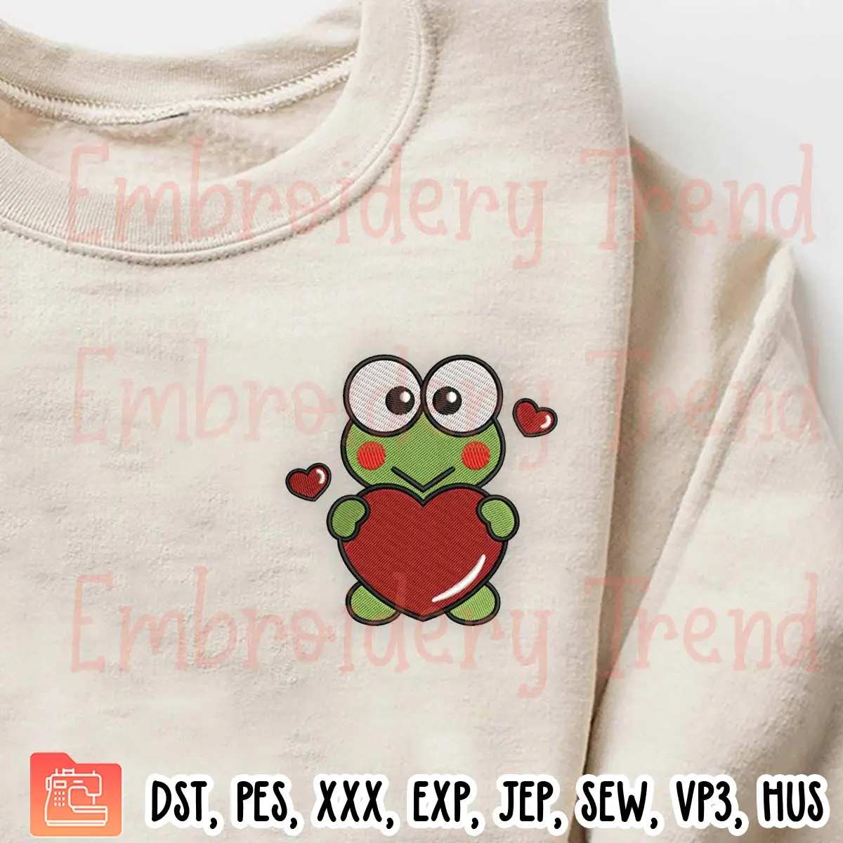 Keroppi with Heart Embroidery Design, Valentine Sanrio Embroidery Digitizing Pes File