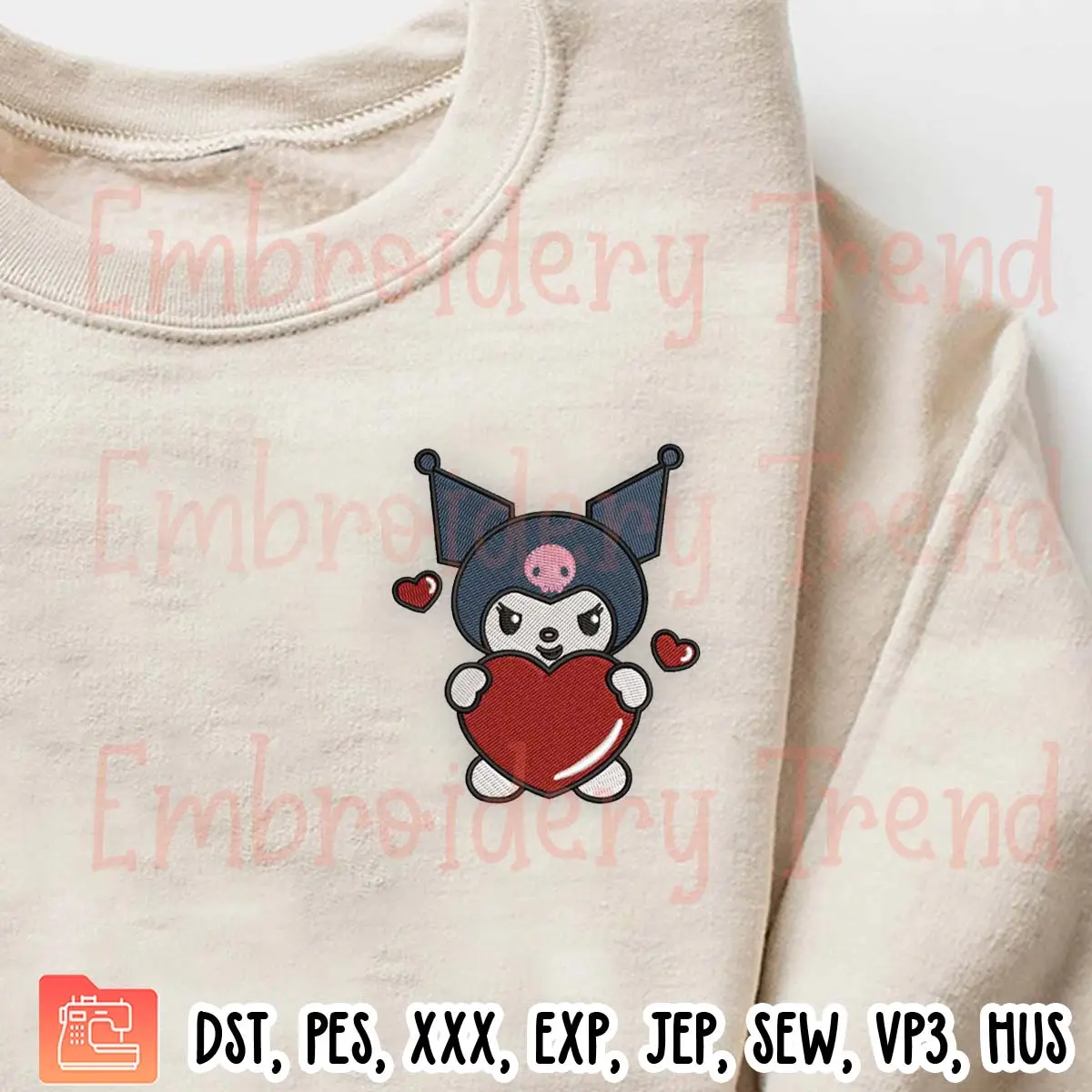 Kuromi with Heart Embroidery Design, Valentine Sanrio Embroidery Digitizing Pes File